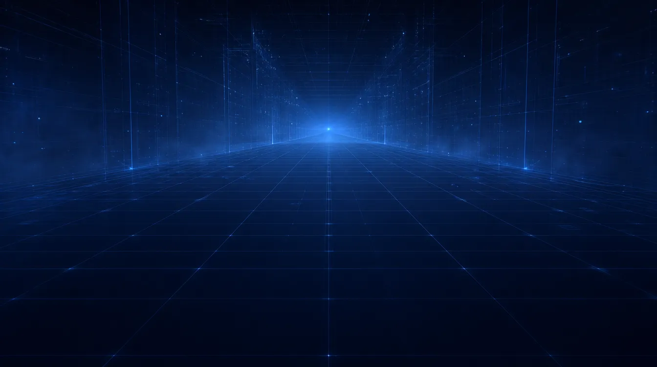 A deep blue digital corridor of light lines receding to a bright vanishing point