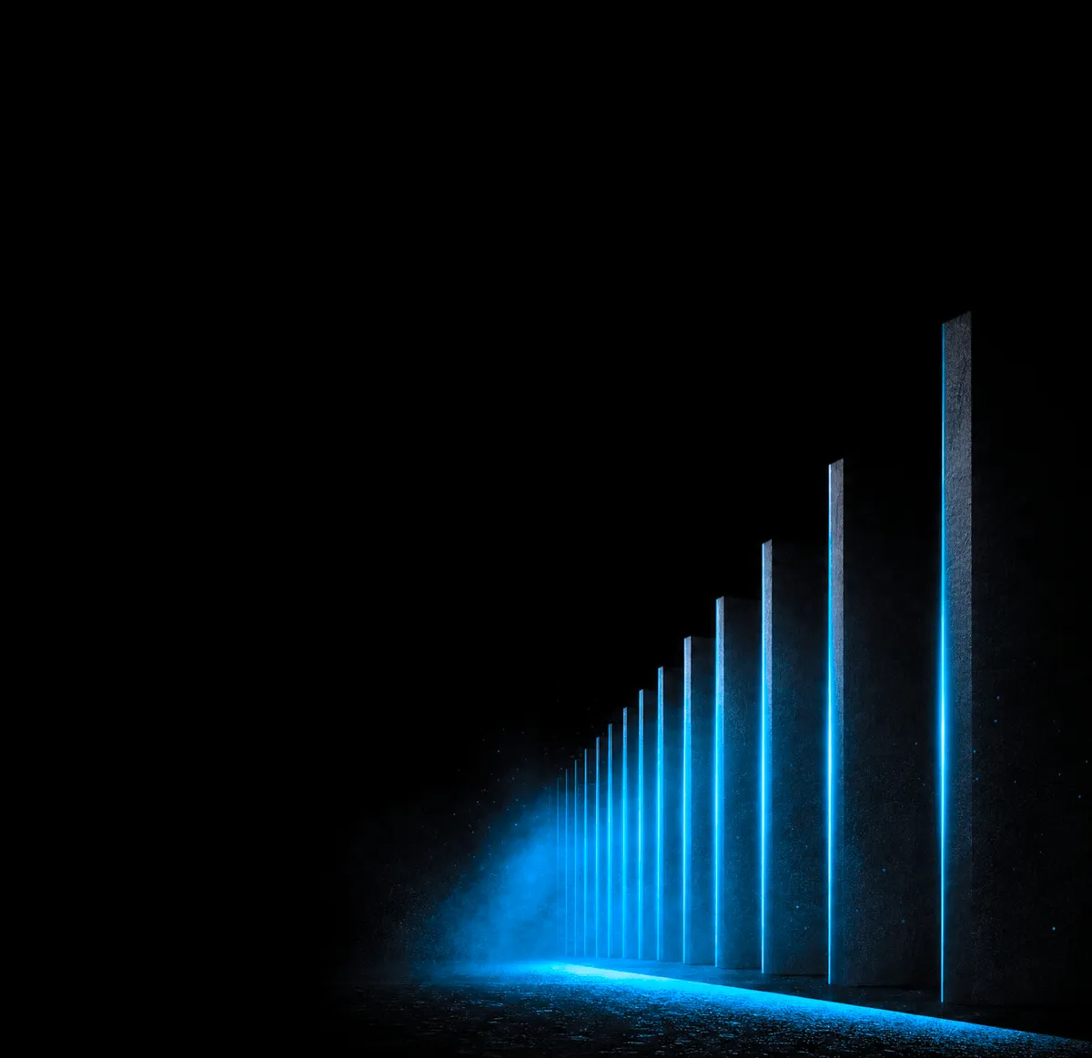 Rows of dark stone monoliths lit by thin blue light along one edge, receding into haze