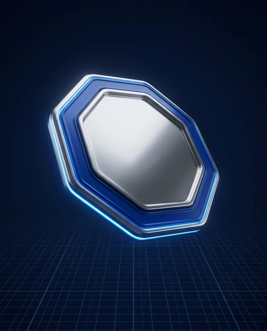 A floating chrome octagon with a glowing electric blue rim above a grid floor